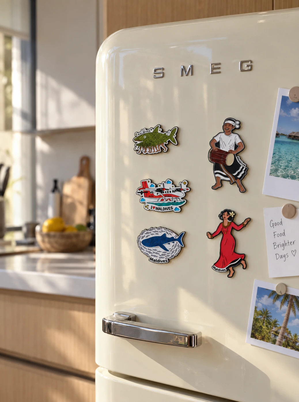 Maldives souvenir magnets displayed on a cream fridge